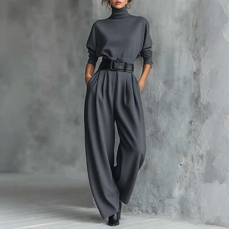 ✨👗Conjunto feminino elegante de blusa de gola alta e calças de cintura alta