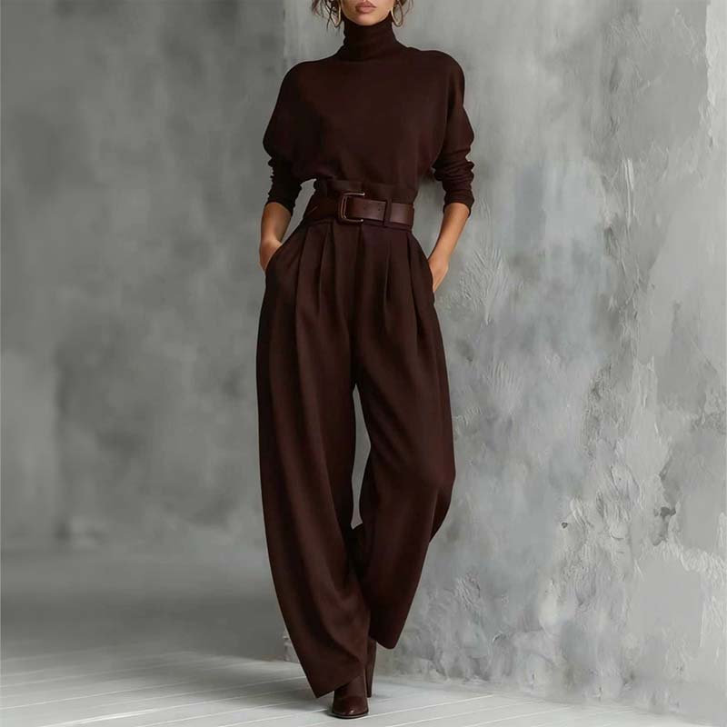 ✨👗Conjunto feminino elegante de blusa de gola alta e calças de cintura alta