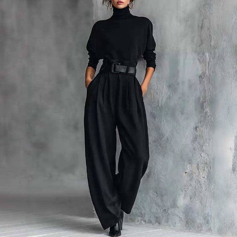 ✨👗Conjunto feminino elegante de blusa de gola alta e calças de cintura alta