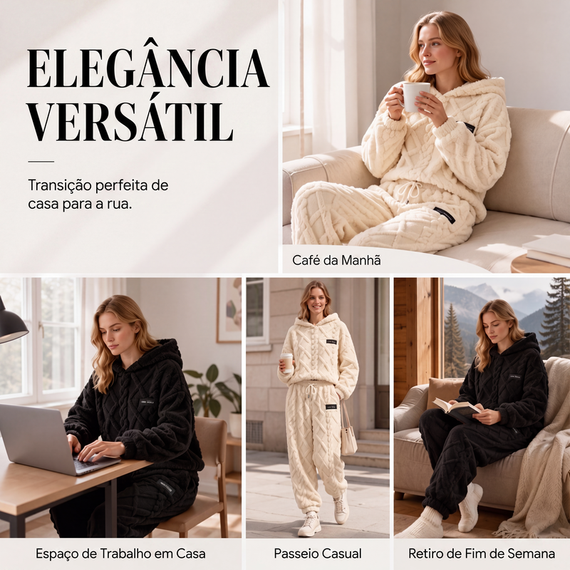 ✨👗Conjunto de moletom com capuz e calça de trança de pelúcia para mulher