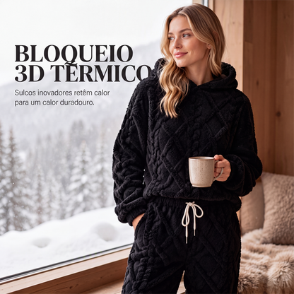 ✨👗Conjunto de moletom com capuz e calça de trança de pelúcia para mulher