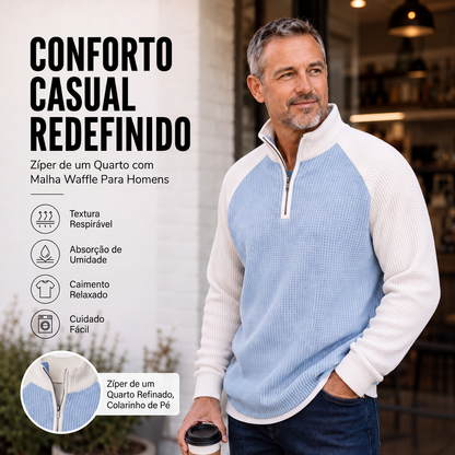 Camiseta masculina de trama waffle com zíper de quarto de comprimento