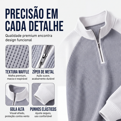 Camiseta masculina de trama waffle com zíper de quarto de comprimento
