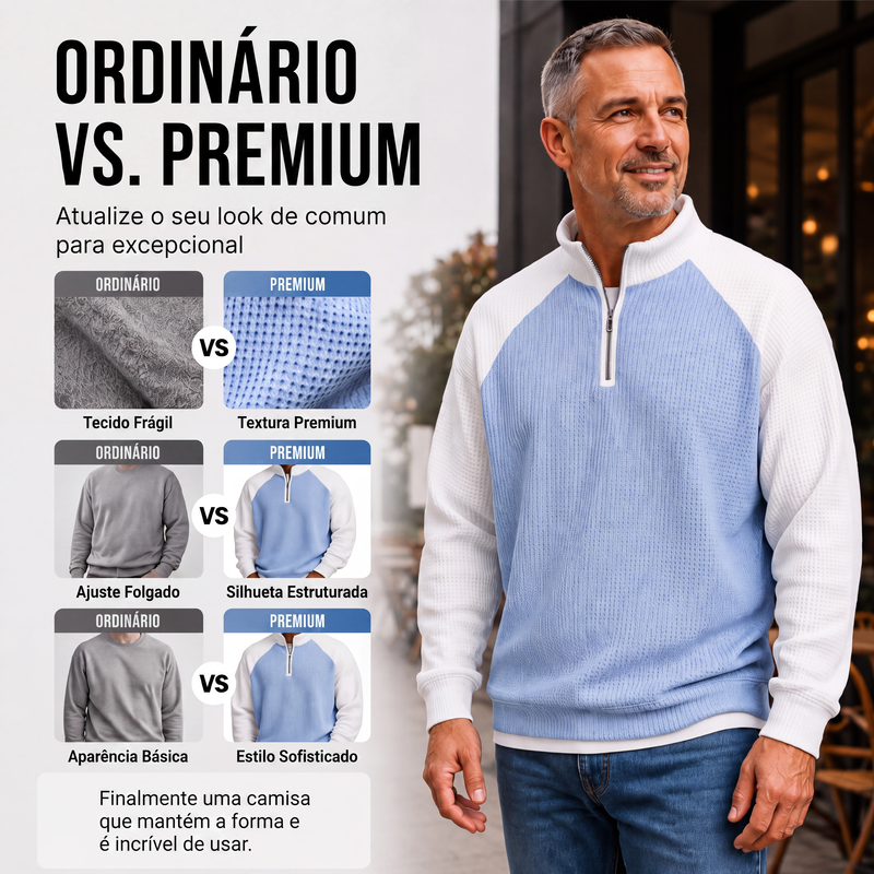 Camiseta masculina de trama waffle com zíper de quarto de comprimento