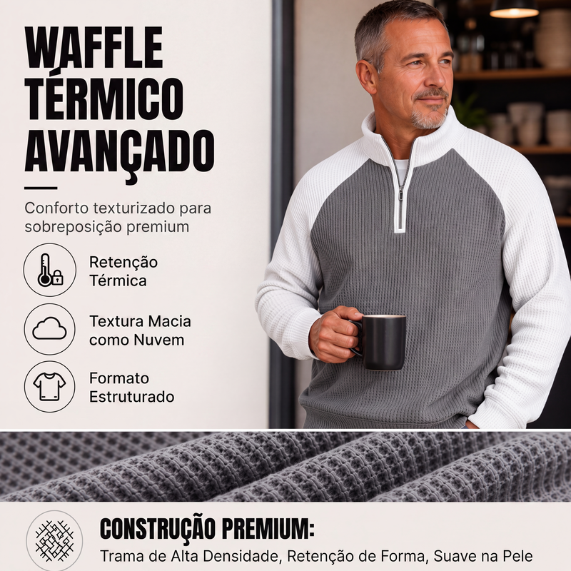 Camiseta masculina de trama waffle com zíper de quarto de comprimento