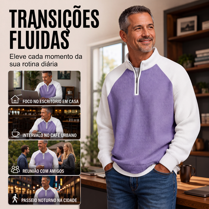 Camiseta masculina de trama waffle com zíper de quarto de comprimento