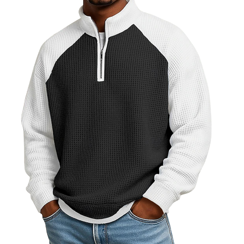 Camiseta masculina de trama waffle com zíper de quarto de comprimento
