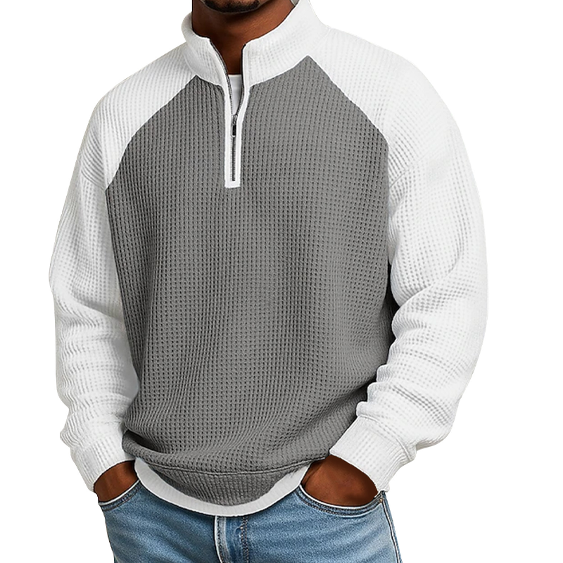 Camiseta masculina de trama waffle com zíper de quarto de comprimento