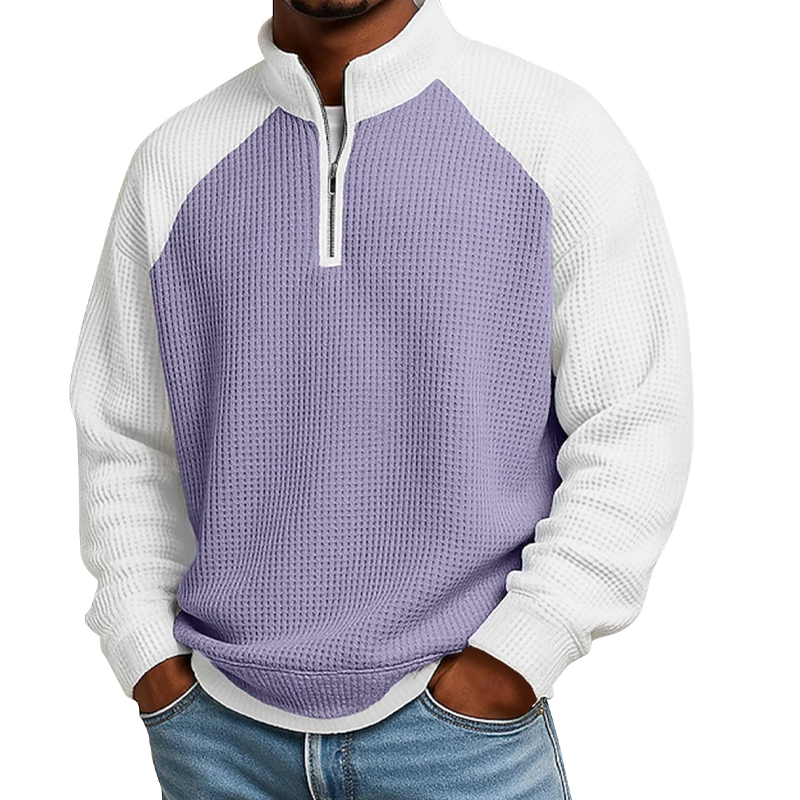 Camiseta masculina de trama waffle com zíper de quarto de comprimento
