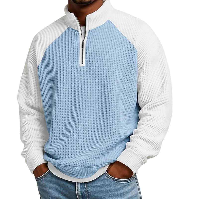 Camiseta masculina de trama waffle com zíper de quarto de comprimento