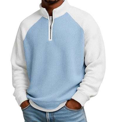 Camiseta masculina de trama waffle com zíper de quarto de comprimento