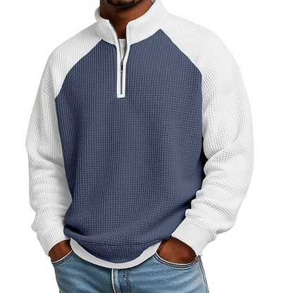 Camiseta masculina de trama waffle com zíper de quarto de comprimento