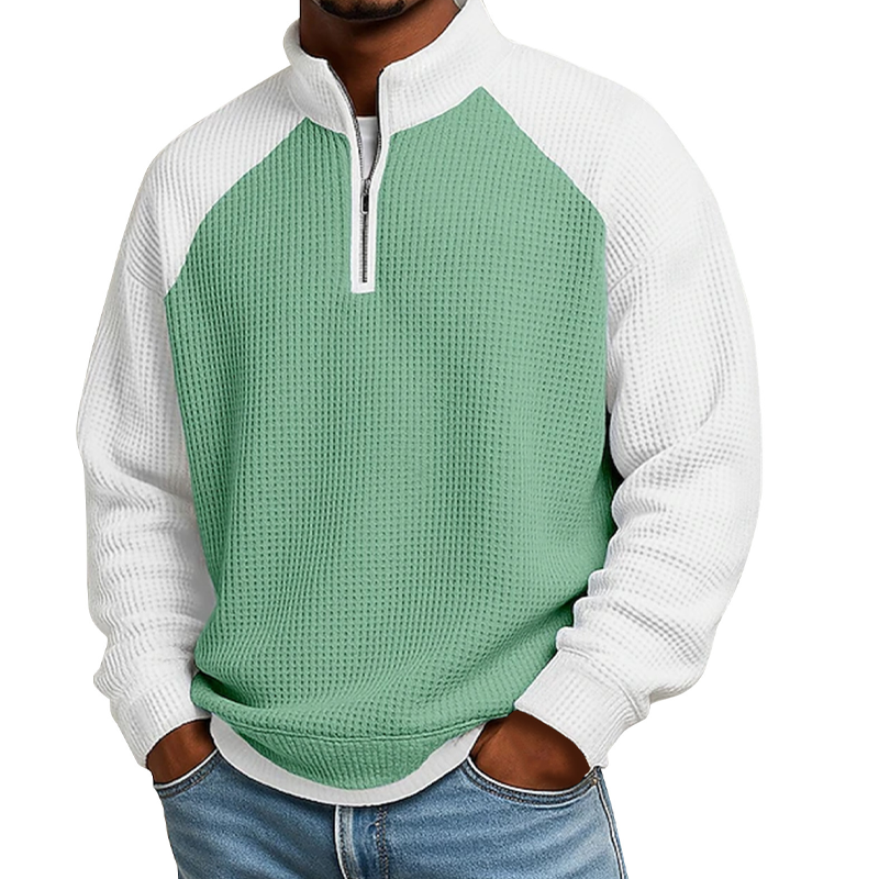 Camiseta masculina de trama waffle com zíper de quarto de comprimento