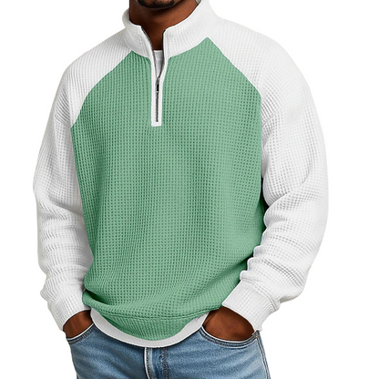 Camiseta masculina de trama waffle com zíper de quarto de comprimento