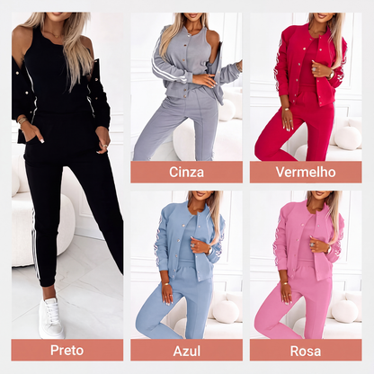 ✨👗Conjunto Casual Feminino de 3 Peças - Jaqueta, Regata e Calça