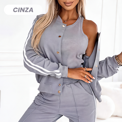✨👗Conjunto Casual Feminino de 3 Peças - Jaqueta, Regata e Calça