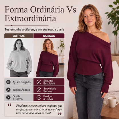 ✨👚Suéter de tricô canelado ombro a ombro feminino