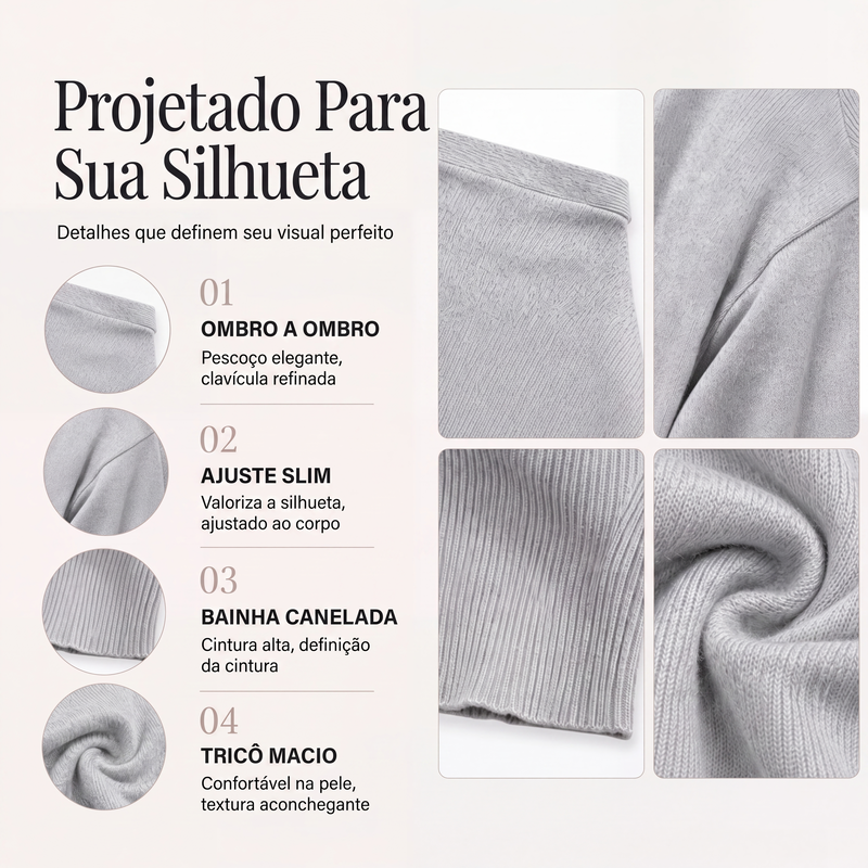 ✨👚Suéter de tricô canelado ombro a ombro feminino