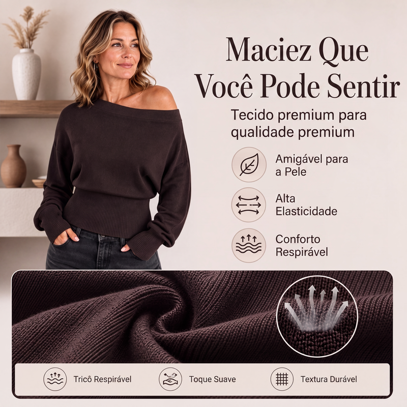 ✨👚Suéter de tricô canelado ombro a ombro feminino