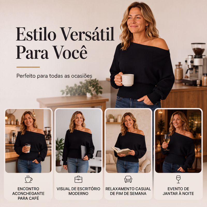 ✨👚Suéter de tricô canelado ombro a ombro feminino