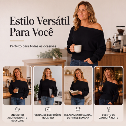 ✨👚Suéter de tricô canelado ombro a ombro feminino