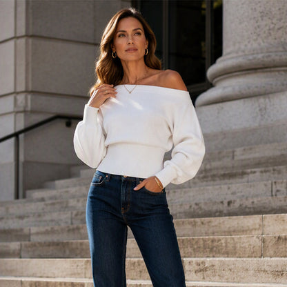 ✨👚Suéter de tricô canelado ombro a ombro feminino