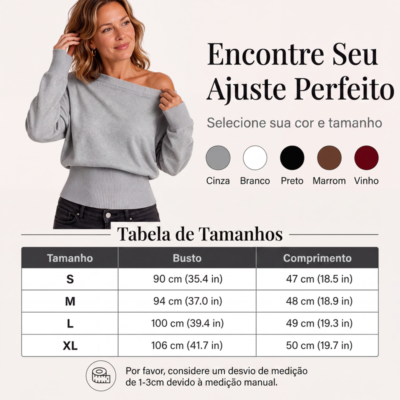 ✨👚Suéter de tricô canelado ombro a ombro feminino