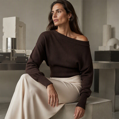 ✨👚Suéter de tricô canelado ombro a ombro feminino