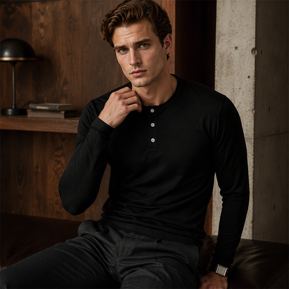 Camisa masculina casual de manga longa com gola Henley