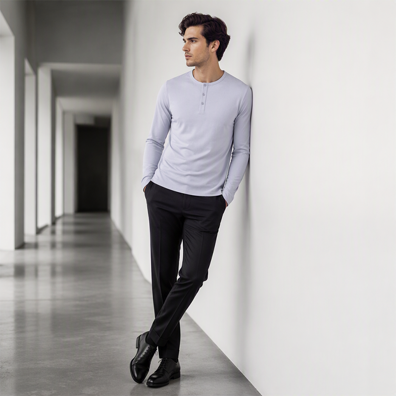 Camisa masculina casual de manga longa com gola Henley