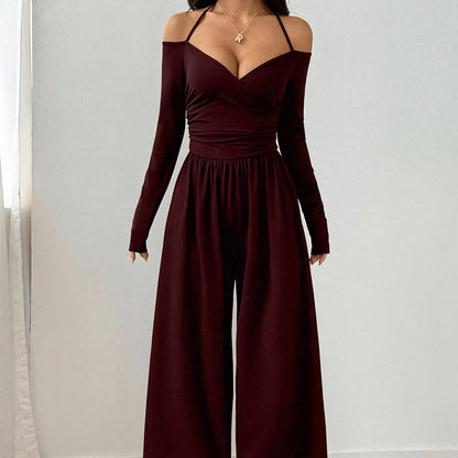 ✨👗Macacão elegante feminino com decote em V profundo e alças no pescoço