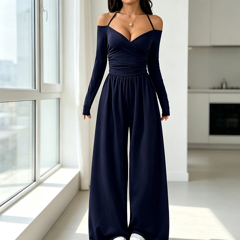 ✨👗Macacão elegante feminino com decote em V profundo e alças no pescoço
