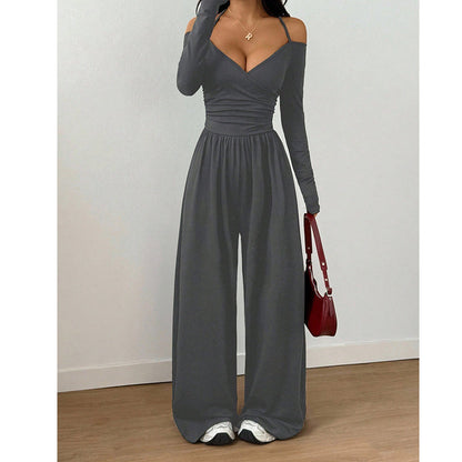 ✨👗Macacão elegante feminino com decote em V profundo e alças no pescoço