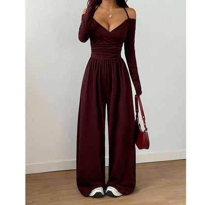✨👗Macacão elegante feminino com decote em V profundo e alças no pescoço