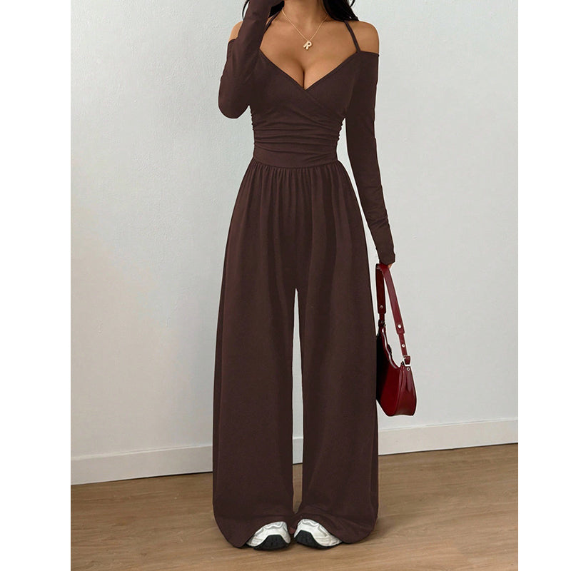 ✨👗Macacão elegante feminino com decote em V profundo e alças no pescoço