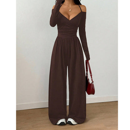 ✨👗Macacão elegante feminino com decote em V profundo e alças no pescoço