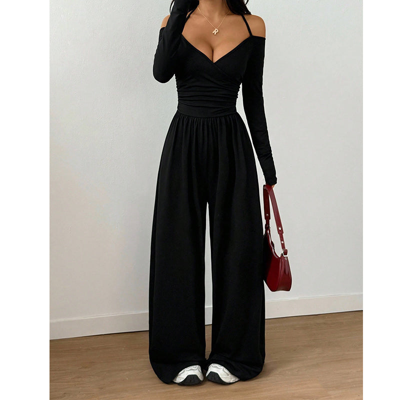 ✨👗Macacão elegante feminino com decote em V profundo e alças no pescoço