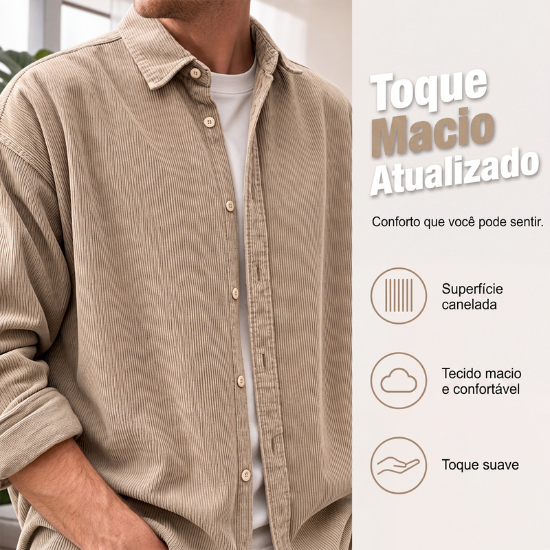 Camisa social casual de veludo cotelê com botões para homem