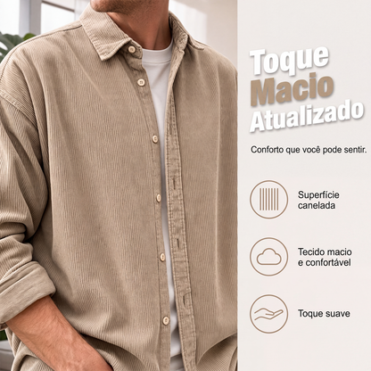 Camisa social casual de veludo cotelê com botões para homem