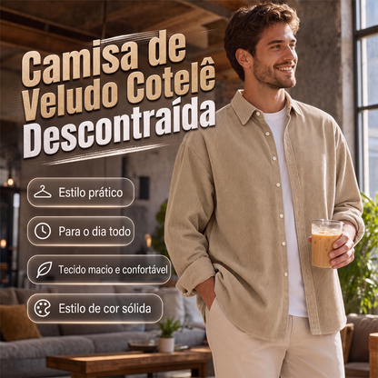 Camisa social casual de veludo cotelê com botões para homem