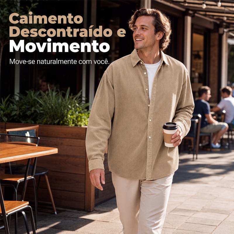 Camisa social casual de veludo cotelê com botões para homem