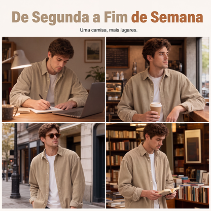 Camisa social casual de veludo cotelê com botões para homem