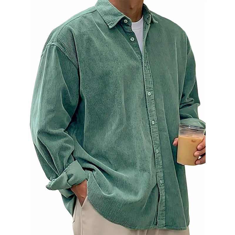 Camisa social casual de veludo cotelê com botões para homem