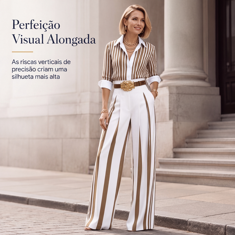 ✨👗Conjunto feminino casual de camisa listrada e calça de perna larga