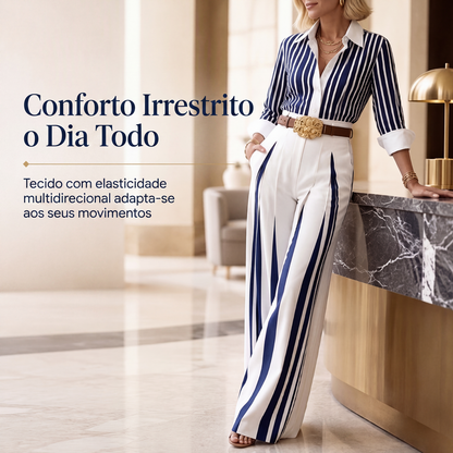 ✨👗Conjunto feminino casual de camisa listrada e calça de perna larga