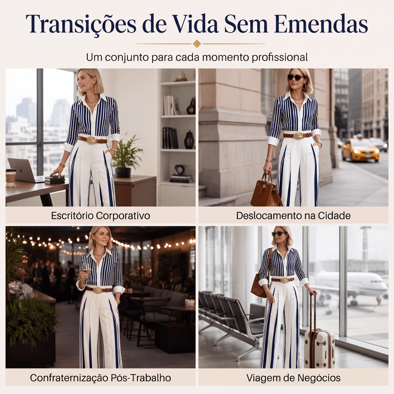 ✨👗Conjunto feminino casual de camisa listrada e calça de perna larga