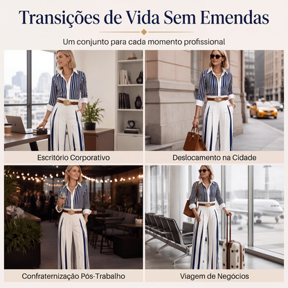 ✨👗Conjunto feminino casual de camisa listrada e calça de perna larga
