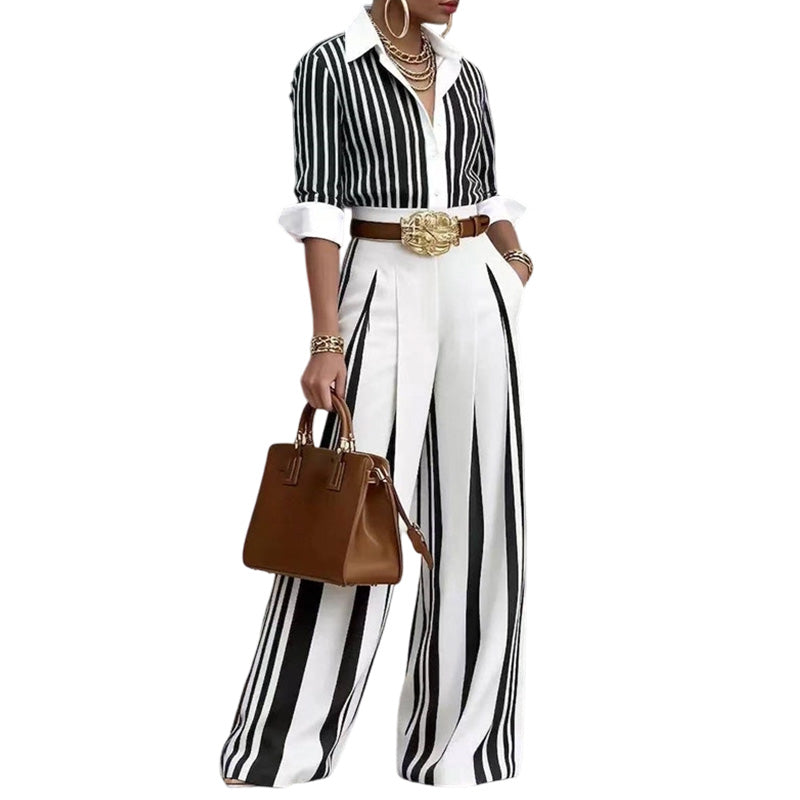 ✨👗Conjunto feminino casual de camisa listrada e calça de perna larga