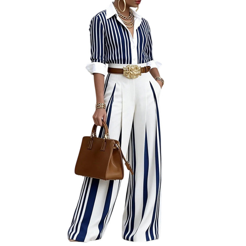 ✨👗Conjunto feminino casual de camisa listrada e calça de perna larga