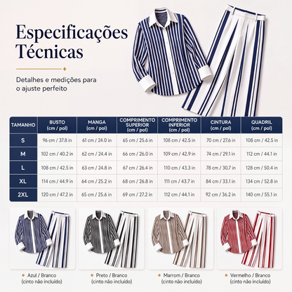 ✨👗Conjunto feminino casual de camisa listrada e calça de perna larga